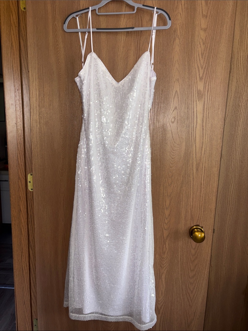 Lulu's White Sequin Spaghetti Strap Wedding Dress